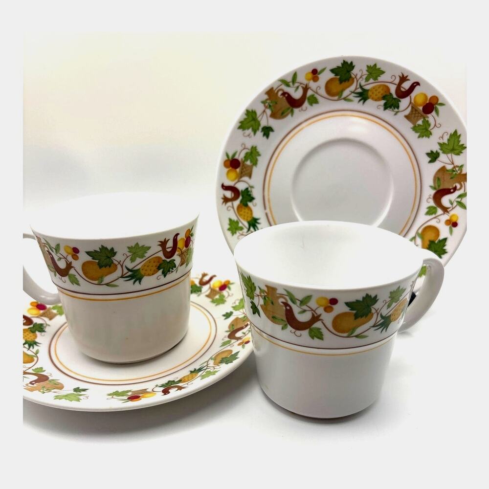 Noritake Homecoming Cup and Saucer Set of Two (2) White Porcelain Fruits & Birds